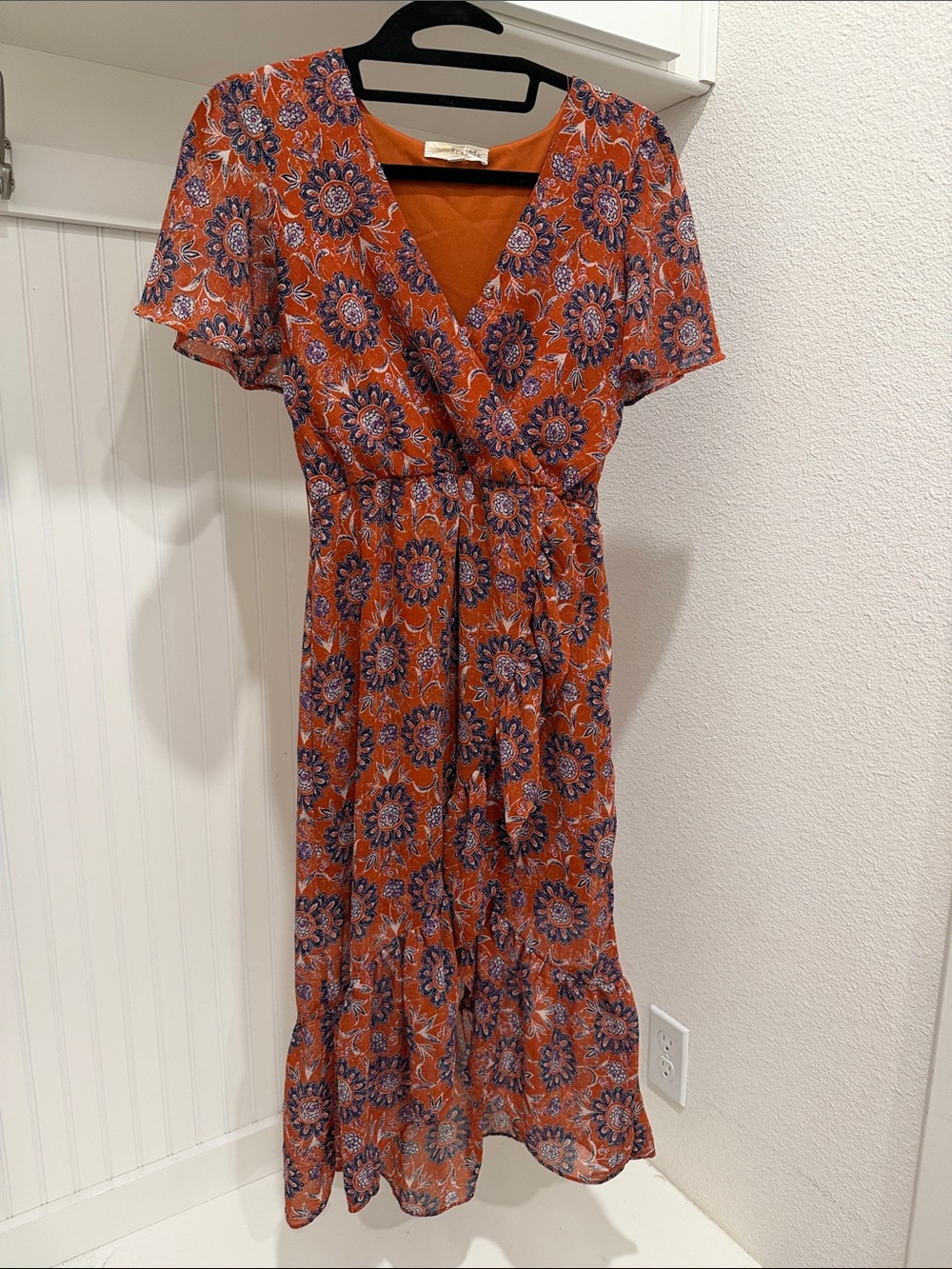 Rewind Orange Floral Midi Wrap Dress with Blue Accents